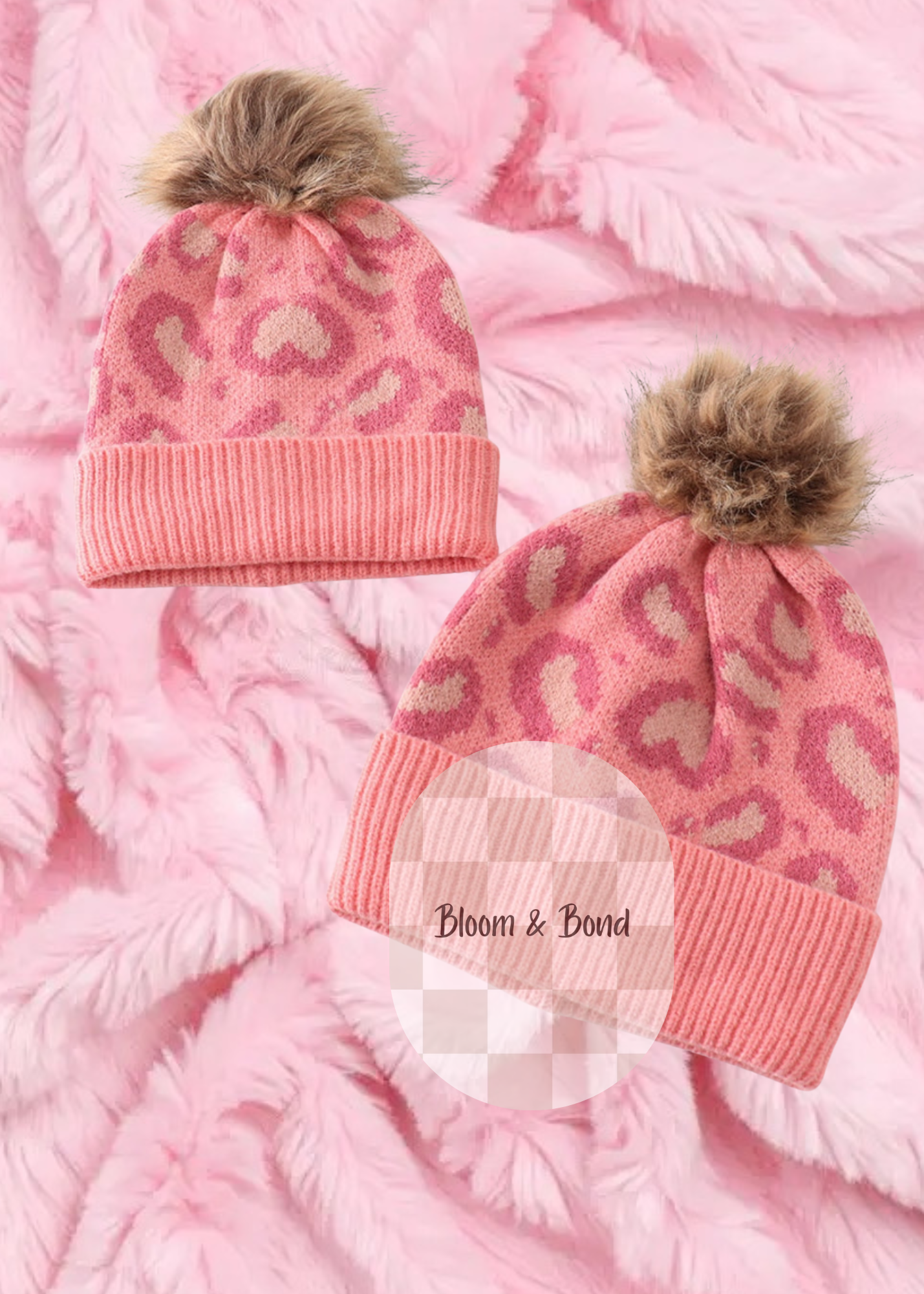 Pink Leopard Pom Pom Cable Beanie