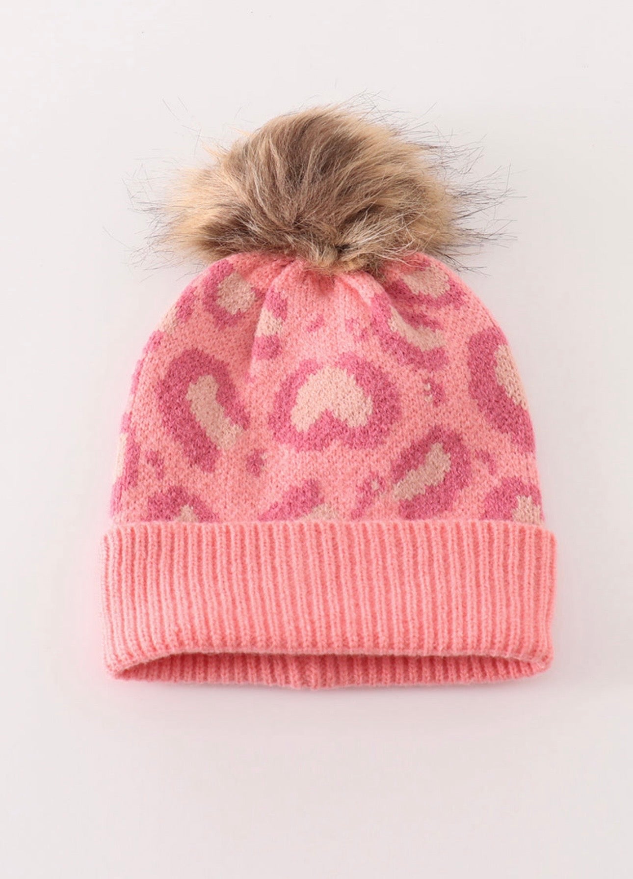 Pink Leopard Pom Pom Cable Beanie