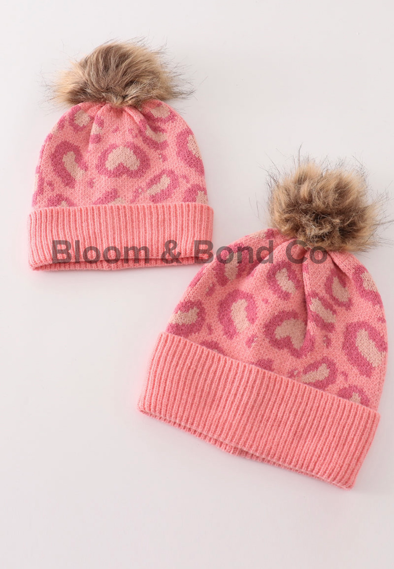 Pink Leopard Pom Pom Cable Beanie